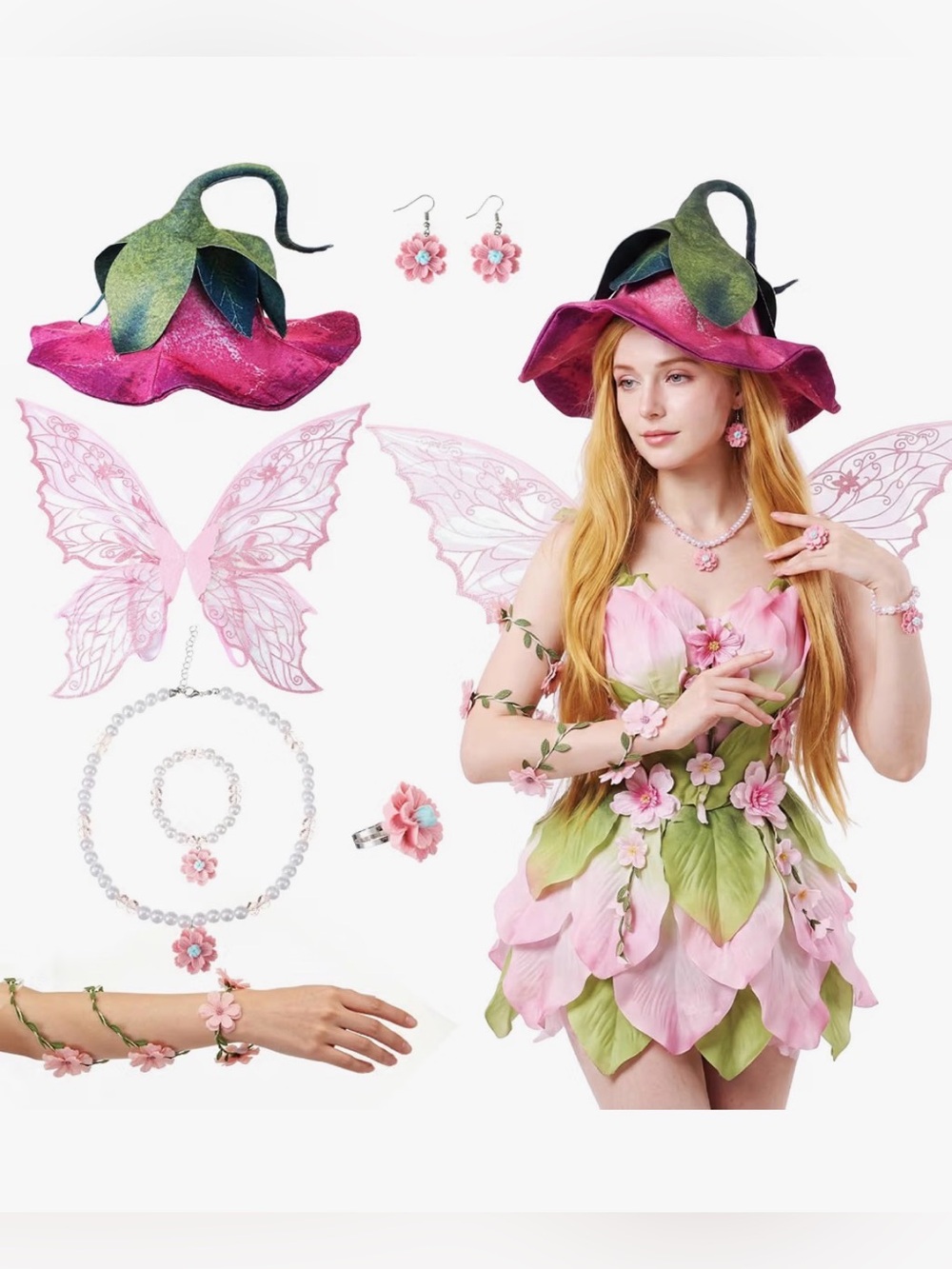 7 Pcs Pink Fairy Accessories Set for Women Adult, Woodland Elf